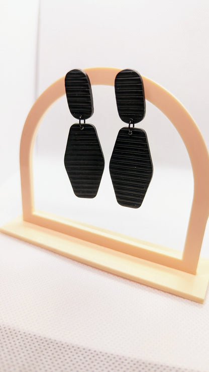 Black Geometric Textured Dangles  / Statement / Solid Black / Lightweight Polymer earrings / Hexagon / Basic Accessories