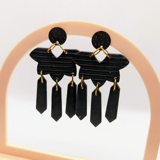 Black Textured Chandelier Dangles / Statement / Solid Black / Lightweight Polymer earrings / Floral Inspired / Basic Accessories