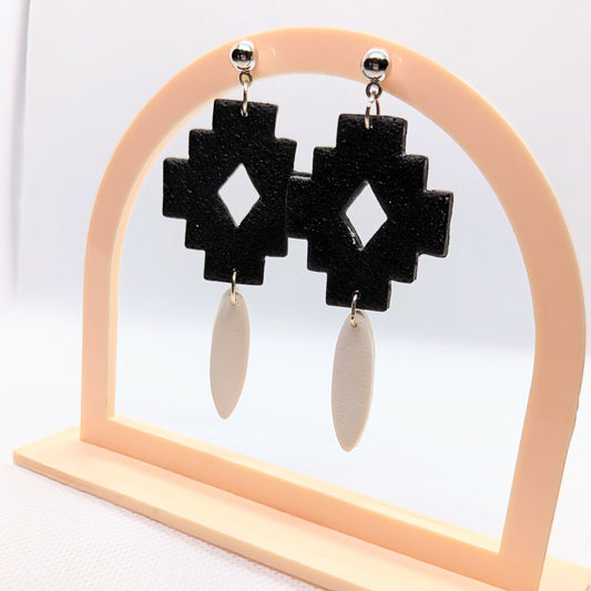 Black and White Aztec Dangles / Statement / Boho Accessories / Lightweight Polymer earrings / Western / Tribal Inspired