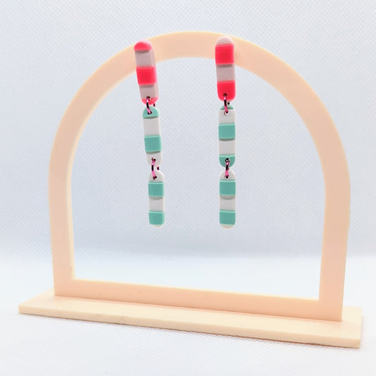 Hot Pink & Aqua Striped skinny dangles  / Colorful Statement / boho style / Lightweight Polymer earrings / bright colored earrings / capsule