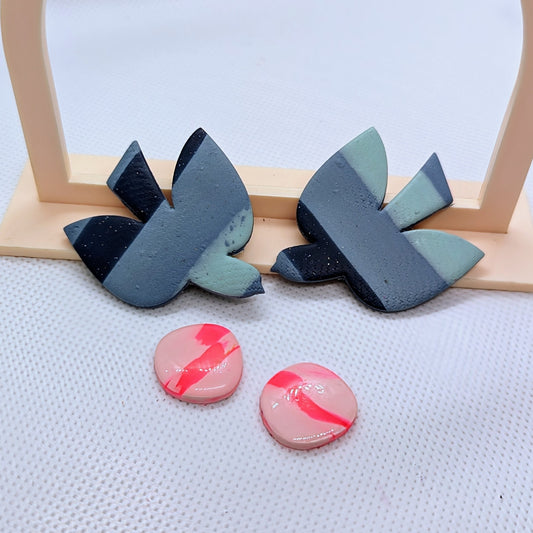 Blue Peace Dove and Pink stud set / animal earrings / hot Pink / Lightweight Polymer earrings / earring set / blue multi / stripe