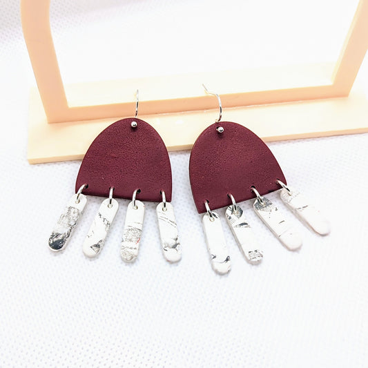 Maroon and White Dangles / statement Arch earrings/ Lightweight Polymer / GameDay / Aggies / OU / Alabama / fringed / grey and white marble