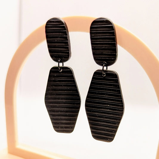 Black Geometric Textured Dangles  / Statement / Solid Black / Lightweight Polymer earrings / Hexagon / Basic Accessories