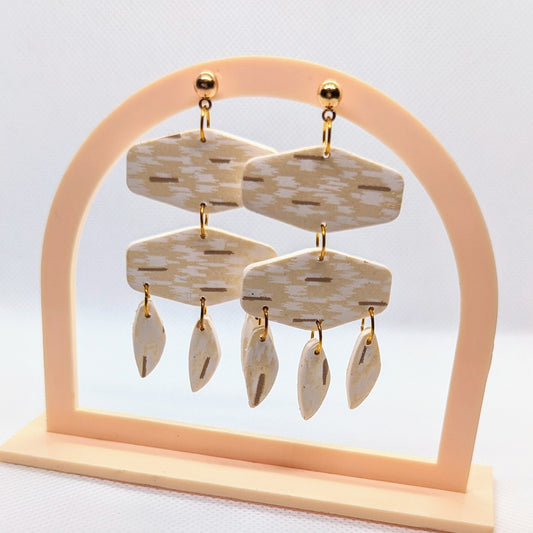 White Gold Beige Ikat Dangles / Statement / Boho earrings / Lightweight Polymer earrings / Neutral Earthtones / Hexagon Earring