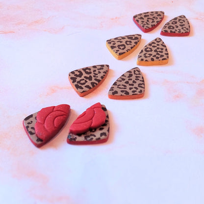 Triangle leopard print studs / Fall studs / orange and red / Dia De Los Muertos / Polymer Clay / handpainted earrings / fall color pop