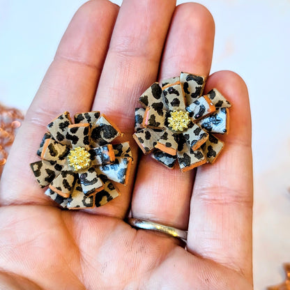 Orange leopard print pom pom studs / orange and cheetah print / Polymer Clay / burnt orange Texas earrings / fall florals