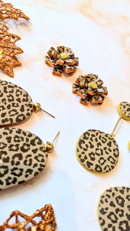 Orange leopard print pom pom studs / orange and cheetah print / Polymer Clay / burnt orange Texas earrings / fall florals