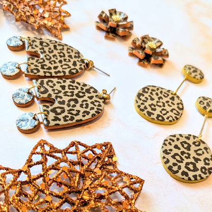 Leopard Print organic arch dangle earrings / Fall Accessories / leopard print and orange/ Polymer Clay / handpainted / orange color pop