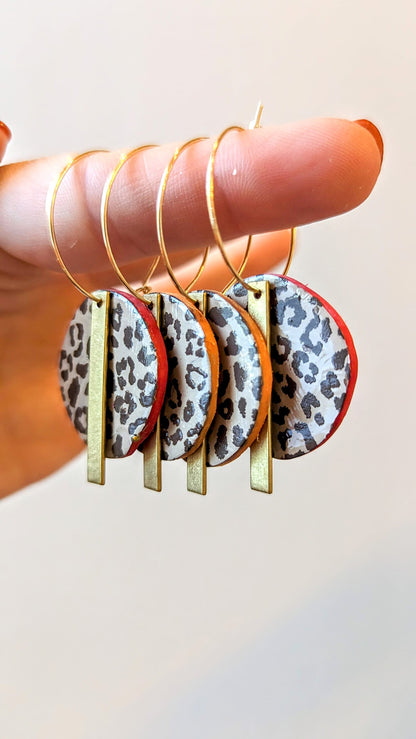 Leopard Print circle hoop earrings / Fall Accessories / leopard print and red / Polymer Clay / handpainted / color pop / red orange cheetah