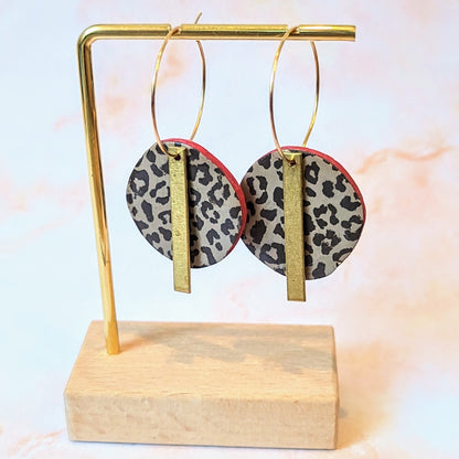 Leopard Print circle hoop earrings / Fall Accessories / leopard print and red / Polymer Clay / handpainted / color pop / red orange cheetah