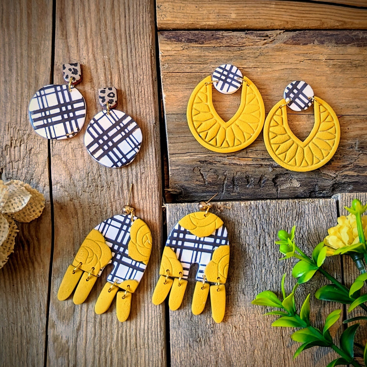 Brown white plaid earrings / Western accessories / Brown and yellow / Polymer Clay / yellow rose earrings / Wyoming cowboy / fall earrings