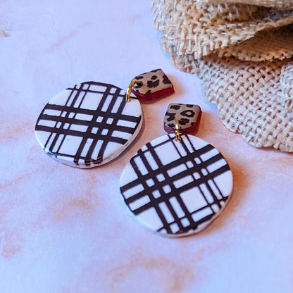 Chocolate and White plaid and leopard earrings /neutral earrings / Polymer Clay / mixed pattern accessories / fall outfit/ cheetah print