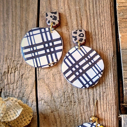 Chocolate and White plaid and leopard earrings /neutral earrings / Polymer Clay / mixed pattern accessories / fall outfit/ cheetah print