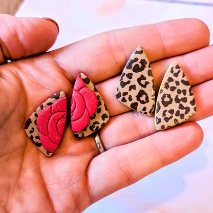 Triangle leopard print studs / Fall studs / orange and red / Dia De Los Muertos / Polymer Clay / handpainted earrings / fall color pop