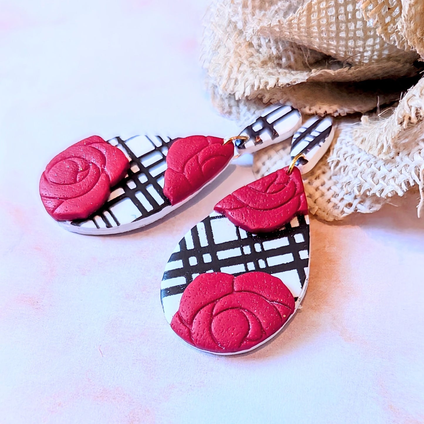 Chocolate and White plaid rose teardrop earrings / Fall Accessories / Brown and Red / Polymer Clay / red rose earrings / plaid and floral