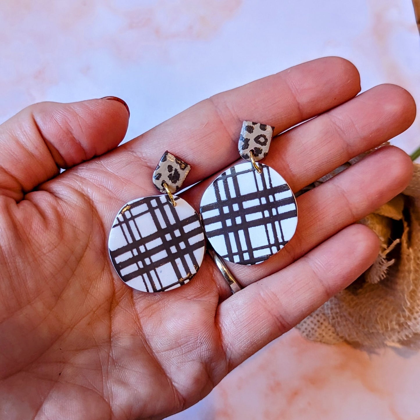 Chocolate and White plaid and leopard earrings /neutral earrings / Polymer Clay / mixed pattern accessories / fall outfit/ cheetah print