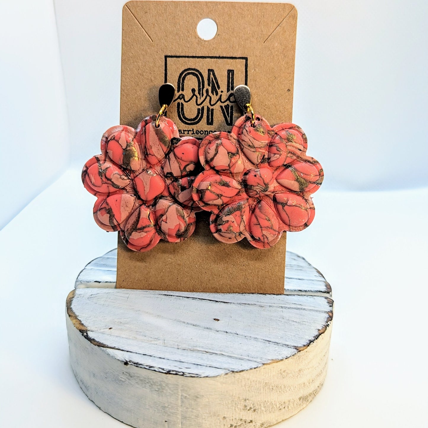 Faux Coral Floral Stone Earrings / Boho Western earrings / Lightweight Polymer earrings / pink and gold / cowgirl style