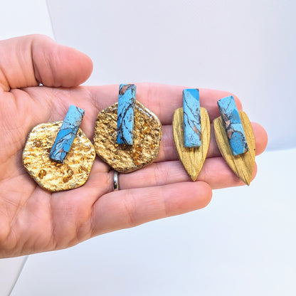 Faux Turquoise bar and gold statement Stud Earrings / Boho Western earrings / Lightweight Polymer earrings / organic hexagon / dagger