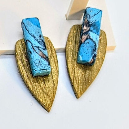 Faux Turquoise bar and gold statement Stud Earrings / Boho Western earrings / Lightweight Polymer earrings / organic hexagon / dagger