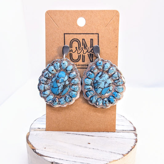 Faux Turquoise Flower Stone Earrings / Boho Western earrings / Lightweight Polymer earrings / teardrop / aqua and silver / floral design