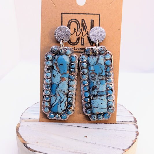 Faux Turquoise Rectangle Stone Earrings / Boho Western earrings / Lightweight Polymer earrings / aqua and silver / floral design