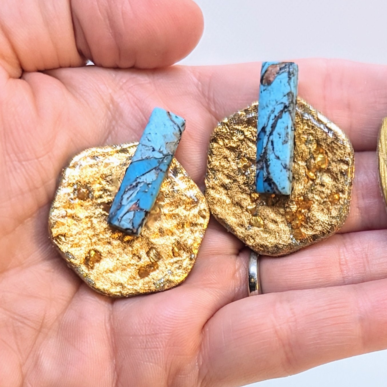 Faux Turquoise bar and gold statement Stud Earrings / Boho Western earrings / Lightweight Polymer earrings / organic hexagon / dagger