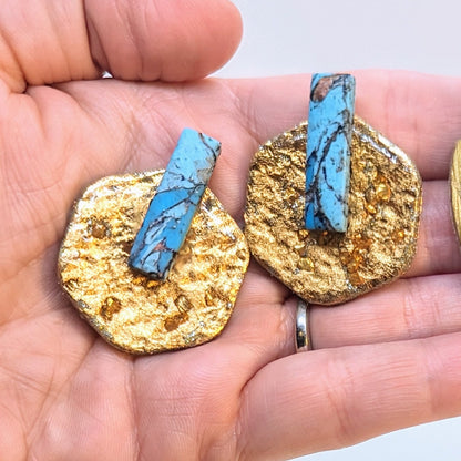 Faux Turquoise bar and gold statement Stud Earrings / Boho Western earrings / Lightweight Polymer earrings / organic hexagon / dagger