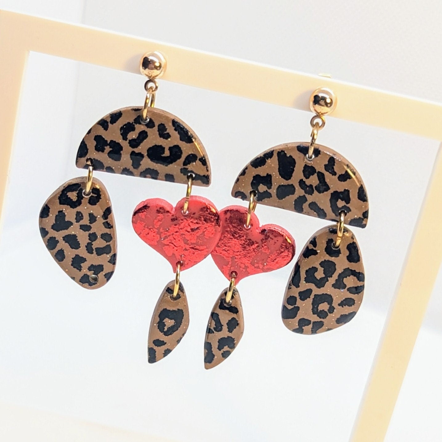 Red Sparkly heart and leopard print organic shaped earrings / lightweight earrings / hypoallergenic posts