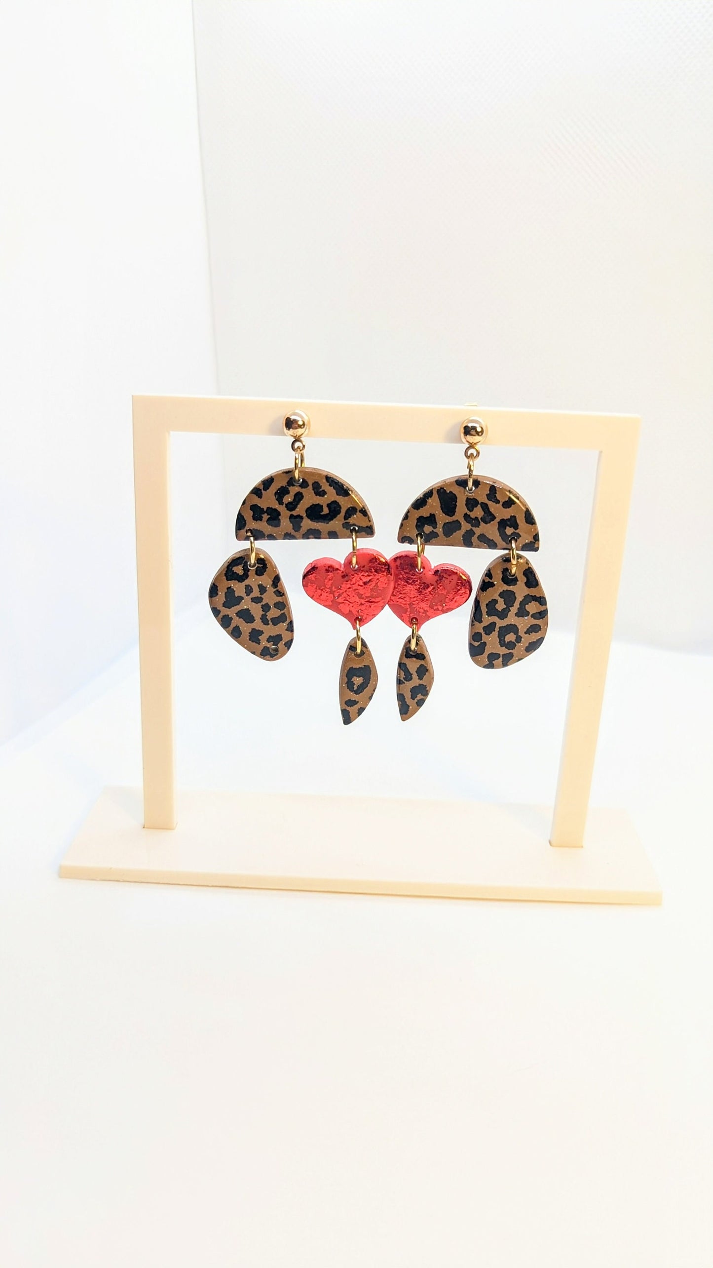 Red Sparkly heart and leopard print organic shaped earrings / lightweight earrings / hypoallergenic posts