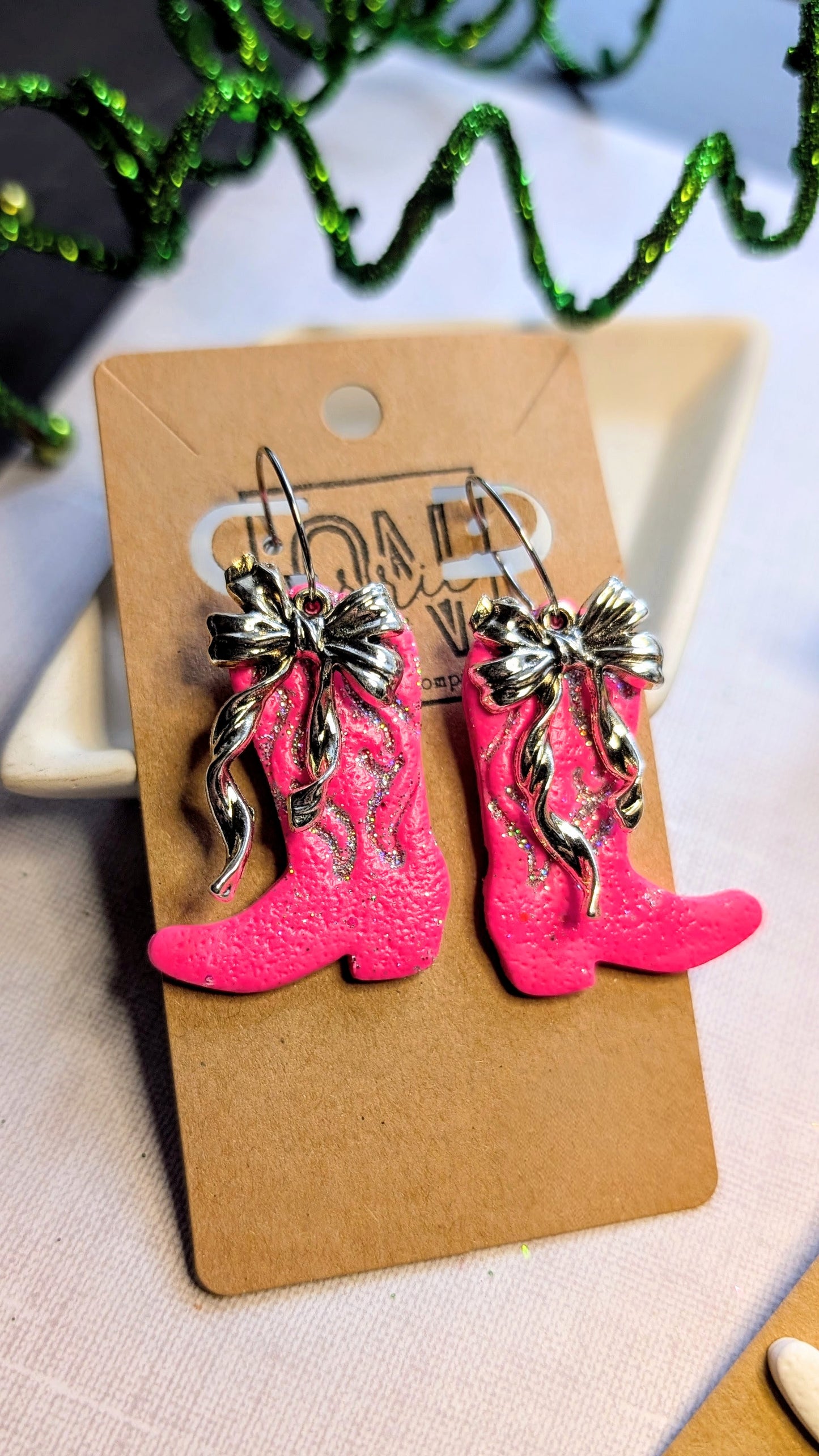 Polymer clay boots and bows dangle earrings