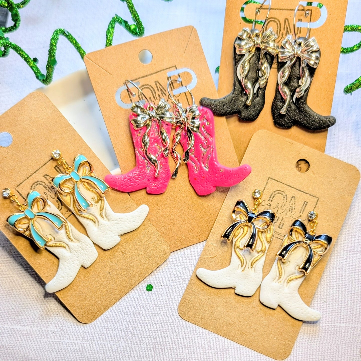 Polymer clay boots and bows dangle earrings