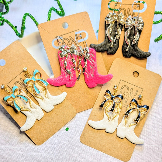 Polymer clay boots and bows dangle earrings
