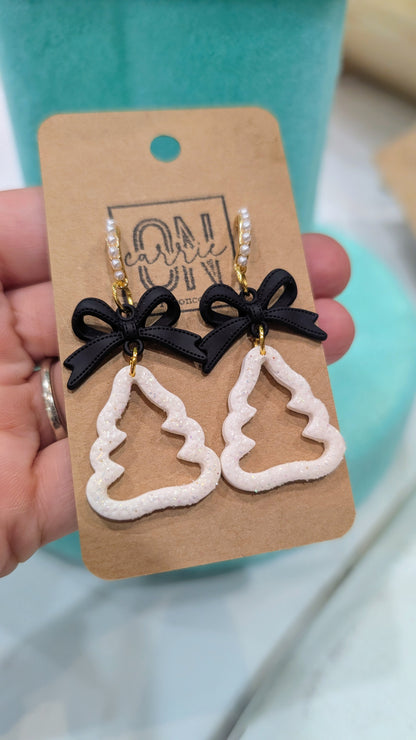 Black and white Christmas tree and bow dangle earrings