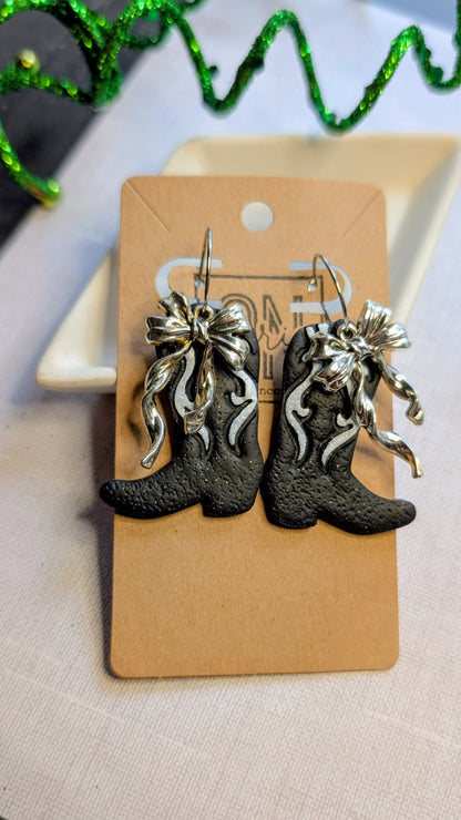Polymer clay boots and bows dangle earrings