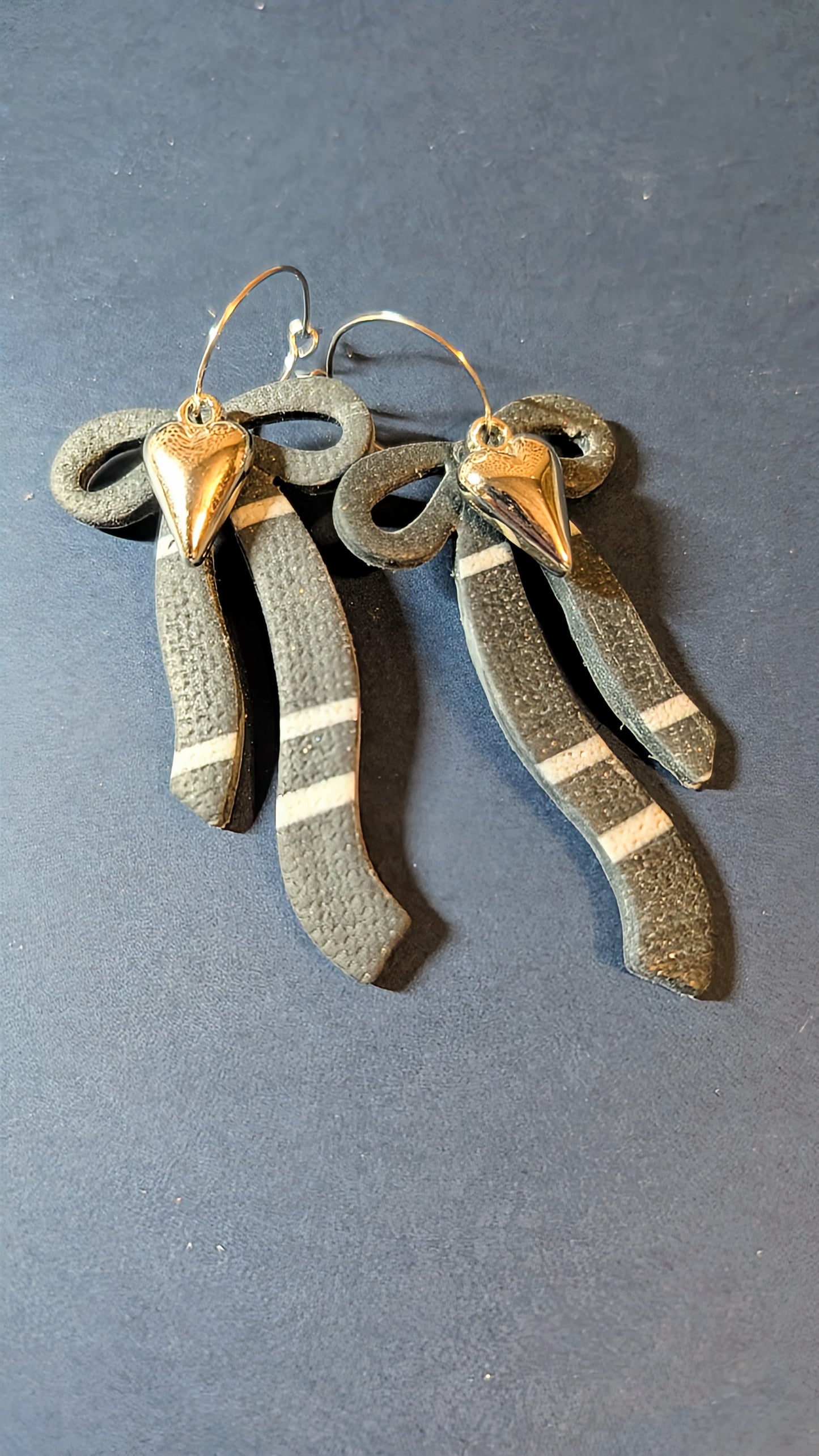 Dark Grey Striped Bow Dangles