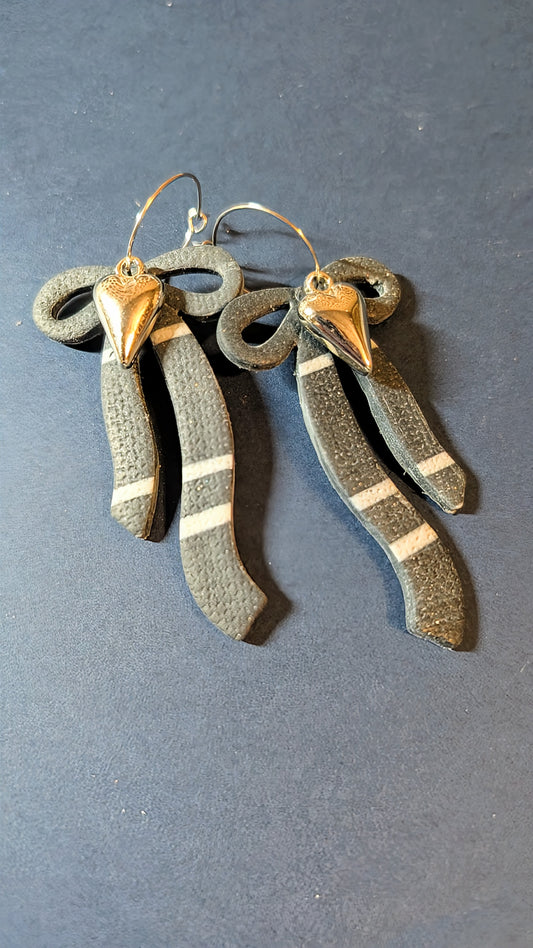 Dark Grey Striped Bow Dangles
