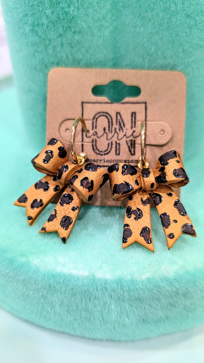 Hand painted Leopard bows polymer clay statement dangle earrings