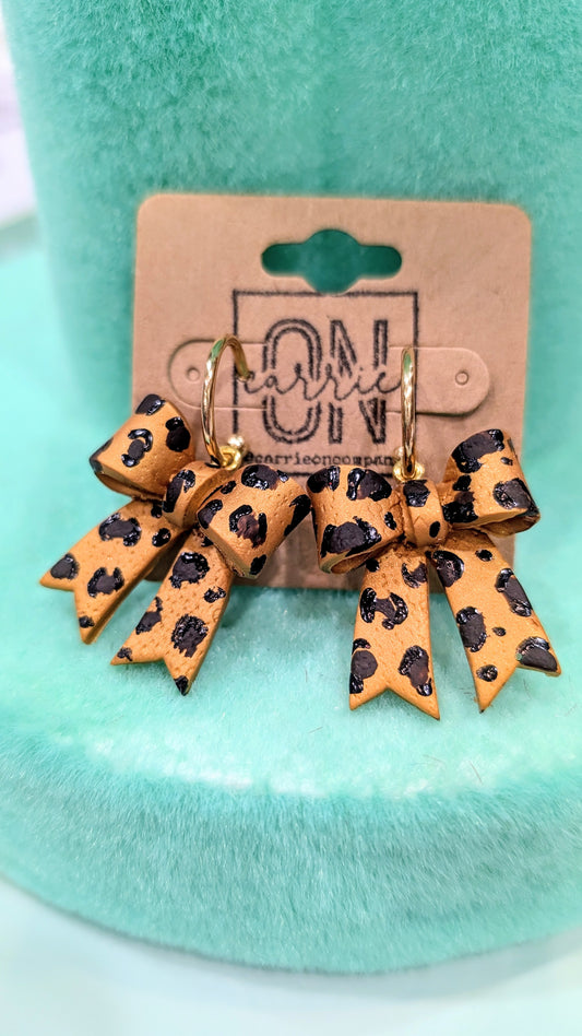 Hand painted Leopard bows polymer clay statement dangle earrings