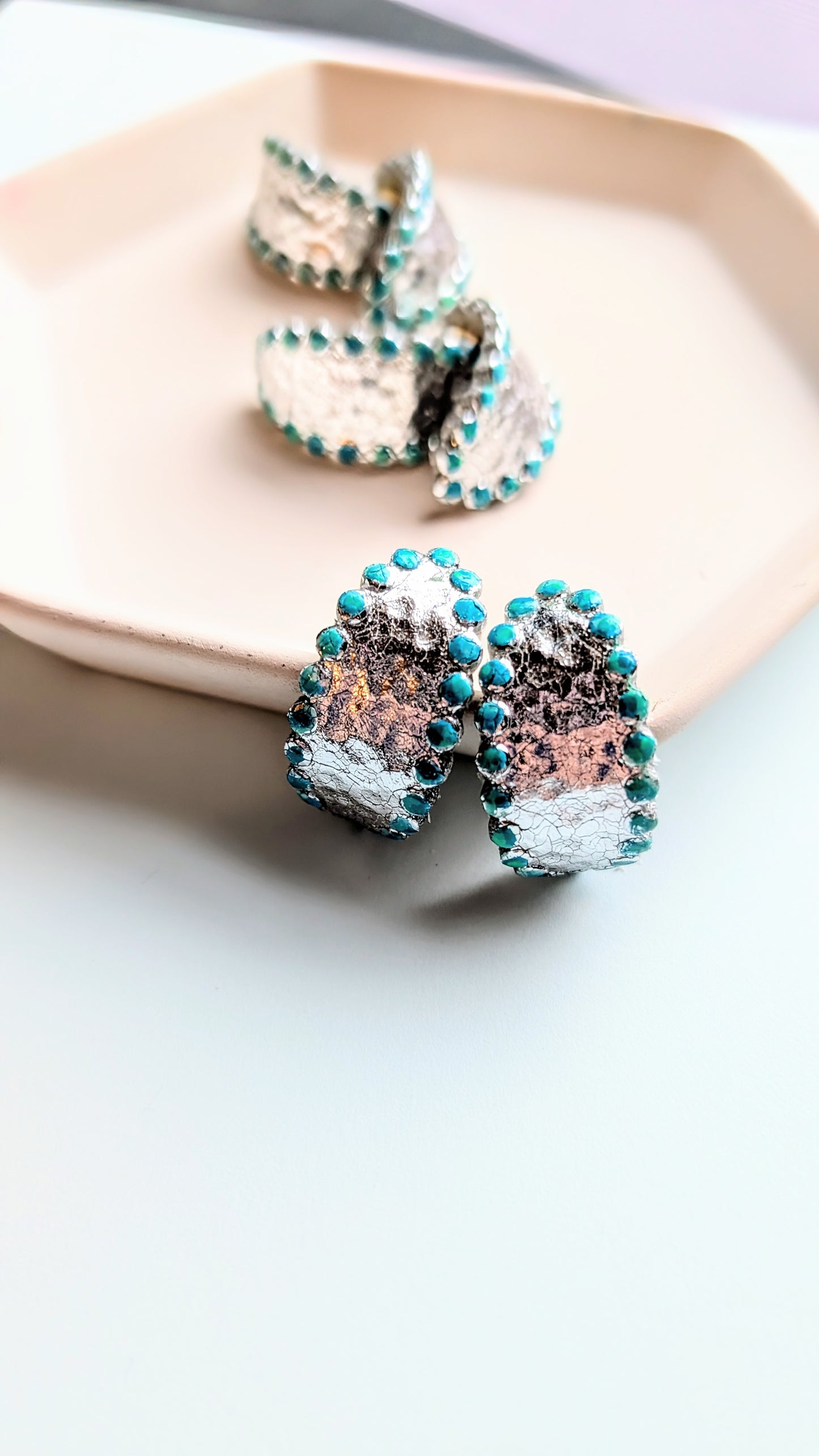 Silver and turquoise huggies