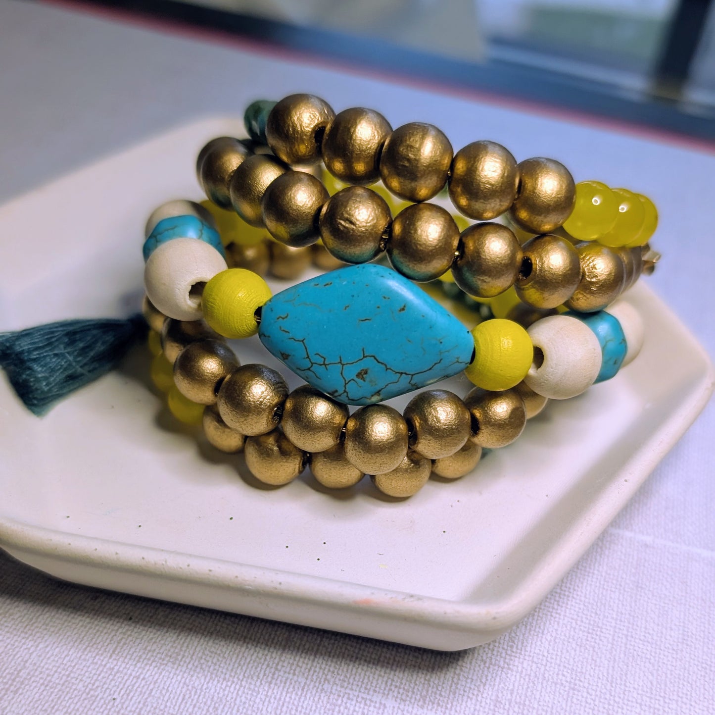 Gold, Yellow, Ivory, and Turquoise wrap bracelet