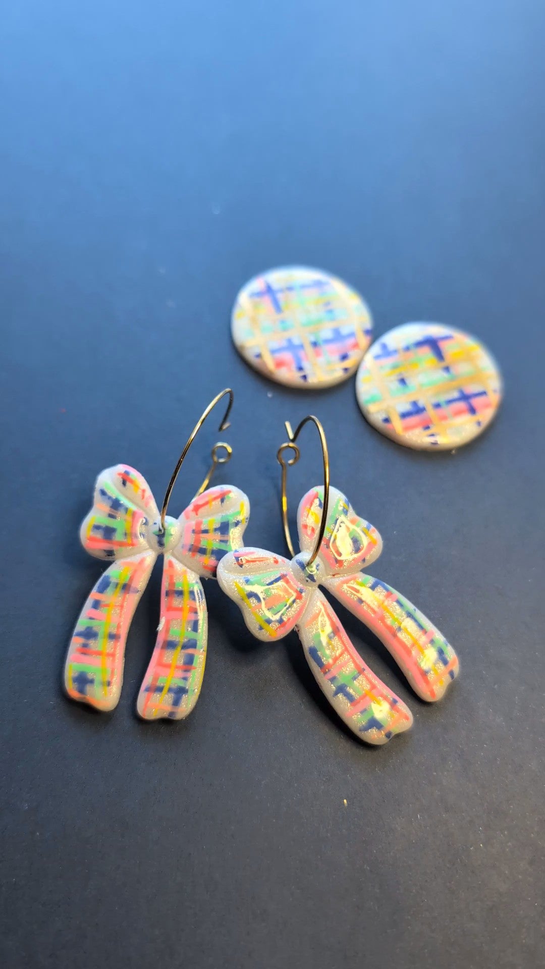 Rainbow Plaid Bow Dangles