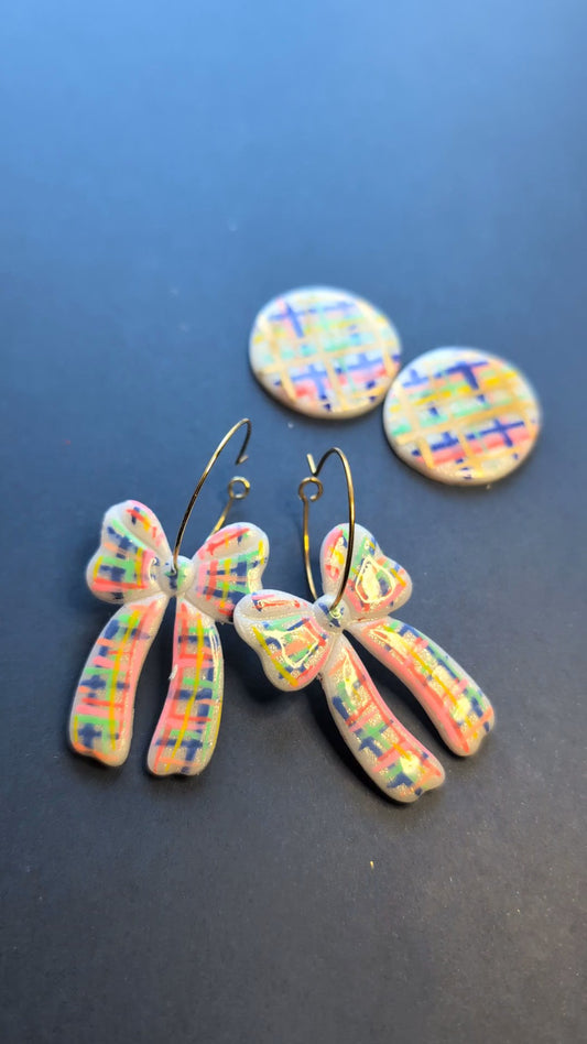 Rainbow Plaid Bow Dangles