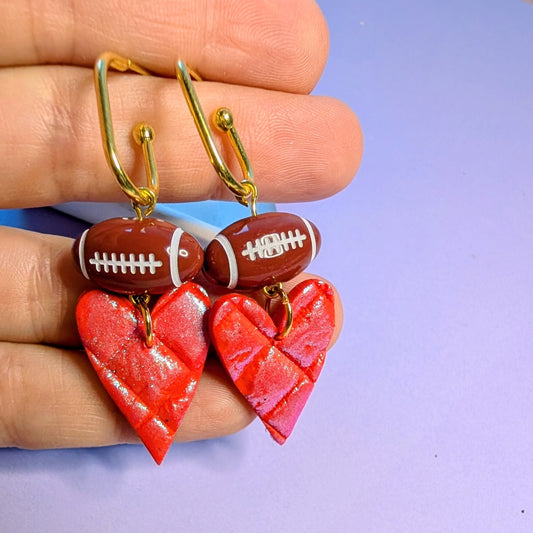 Red Heart Football Dangle Earrings