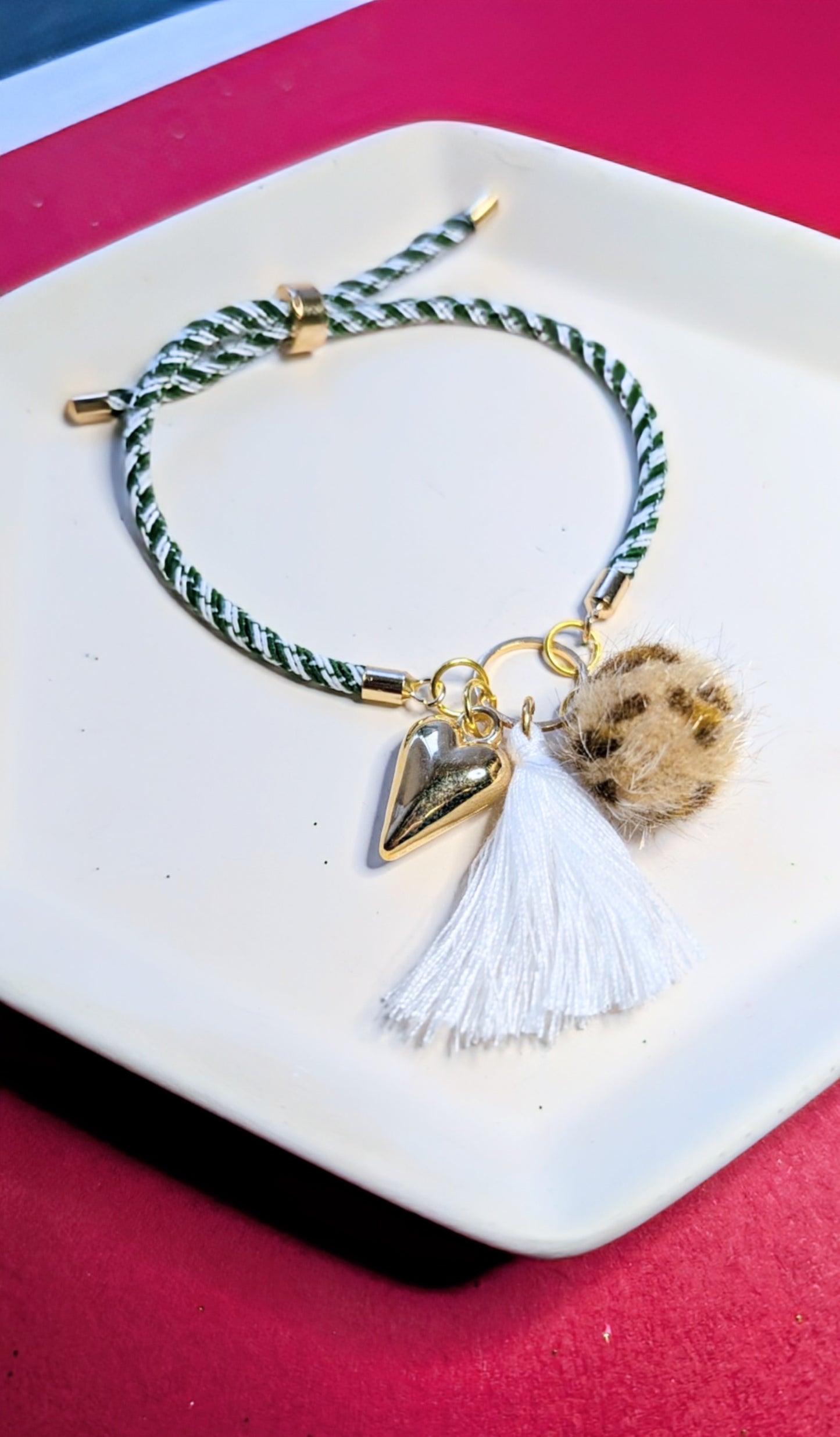 Green tassel adjustable charm bracelet