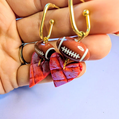 Red Heart Football Dangle Earrings