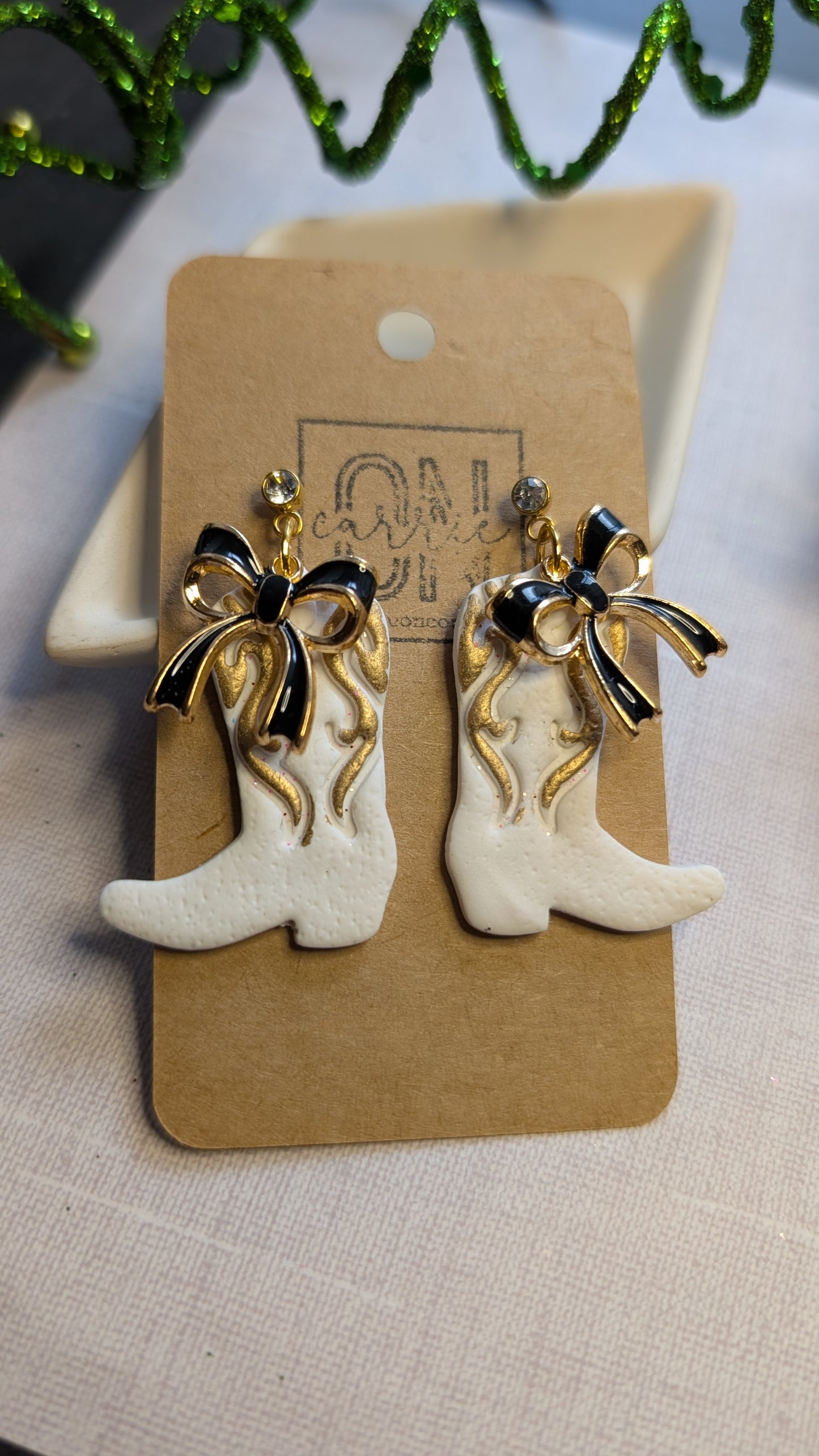 Polymer clay boots and bows dangle earrings