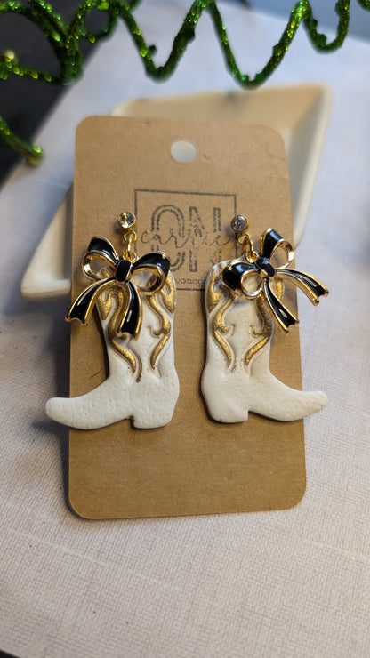 Polymer clay boots and bows dangle earrings