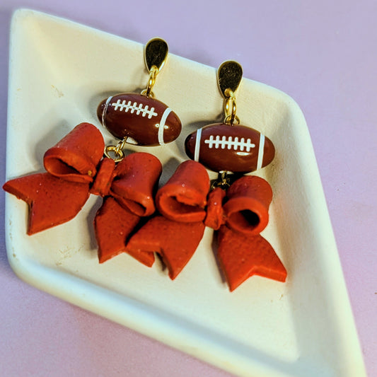 Red Bow Football Dangle Earrings