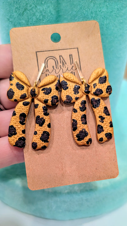 Hand painted Leopard bows polymer clay statement dangle earrings