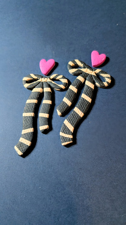 Dark Grey Striped Bow Dangles